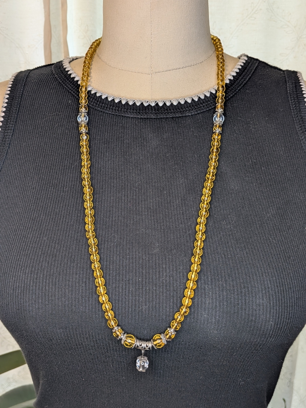 Long 28" Amber Glass Bead Stretch Necklace Crystal Drop Pendant Boho